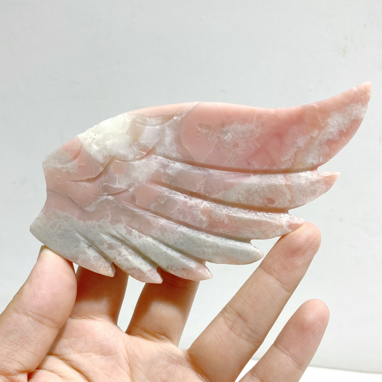 Pink Opal Heart Wing Carving With Stand