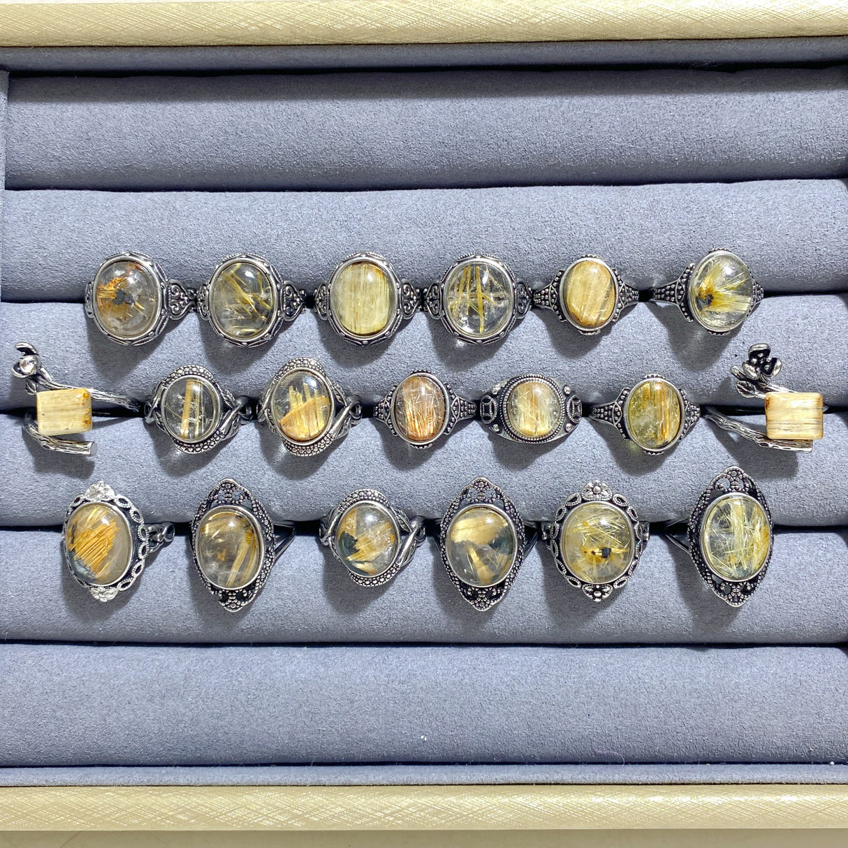 19 Pieces Golden Rutile Quartz Different Styles Ring