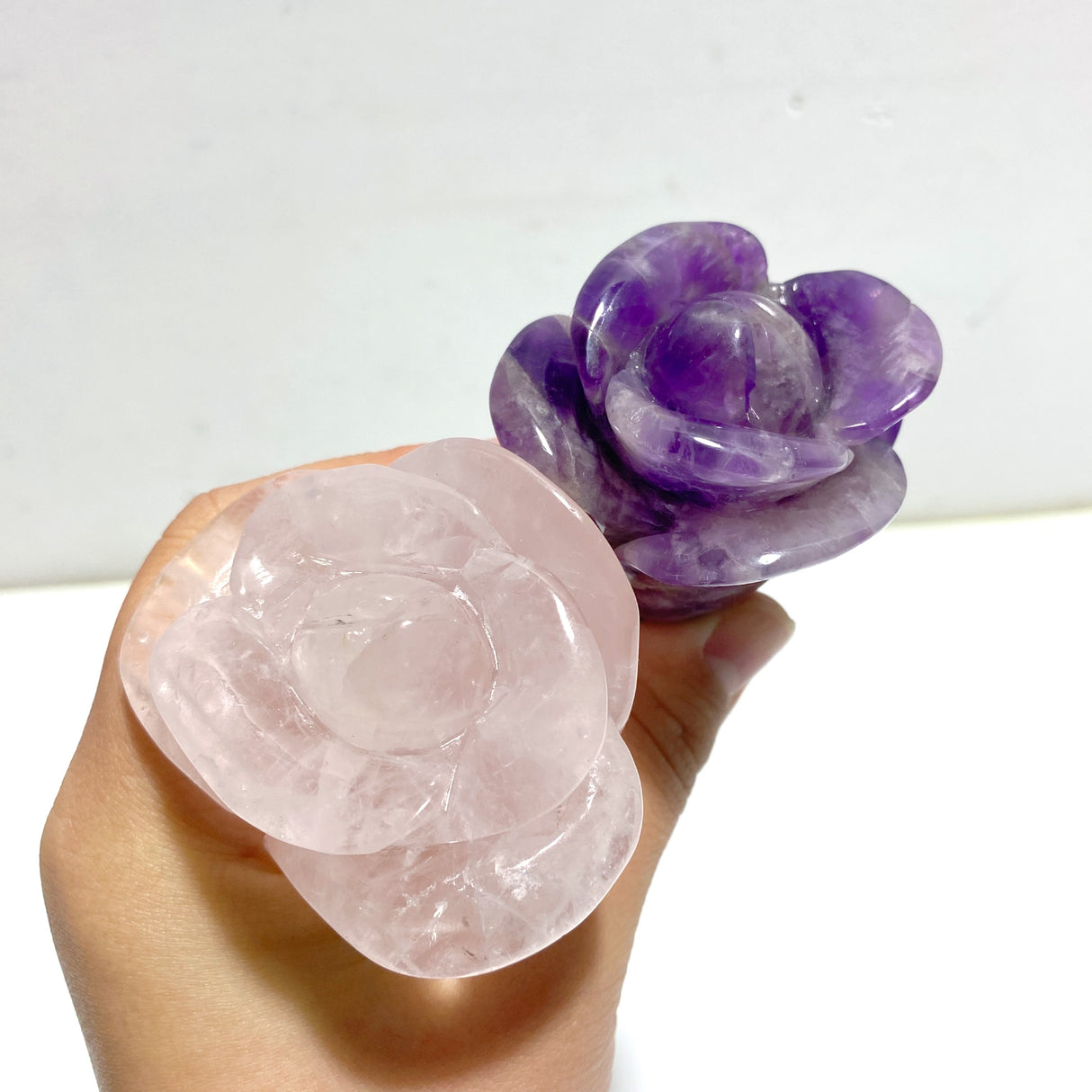 5 Pieces Rose Quartz Chevron Amethyst Flower Carving With Stand