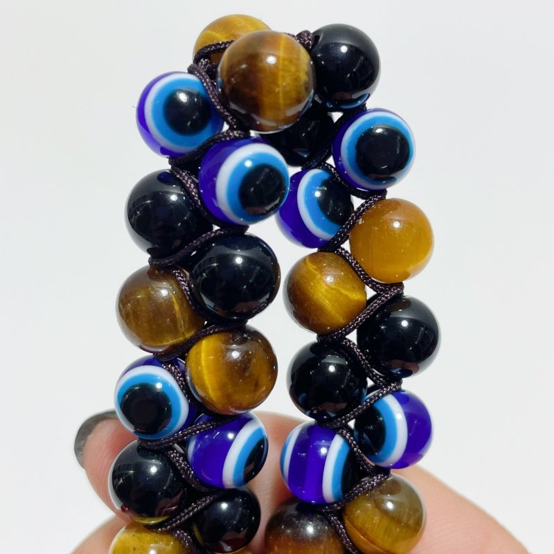 Multiple Materials Evil Eye Woven Adjustable Bracelets Wholesale Tiger Eye Obsidian - Wholesale Crystals