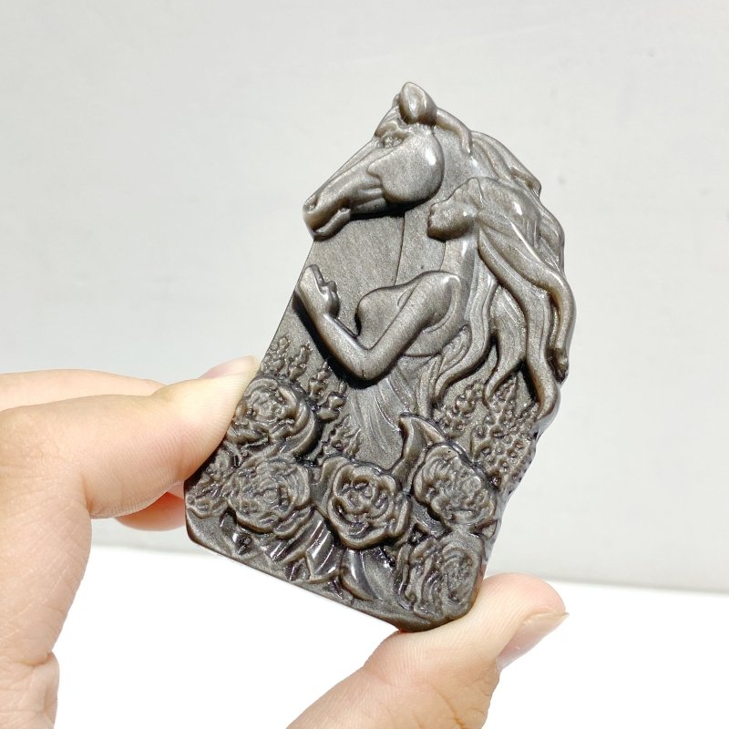 Silver Sheen Obsidian Lady With Horse Carving Wholesale -Wholesale Crystals