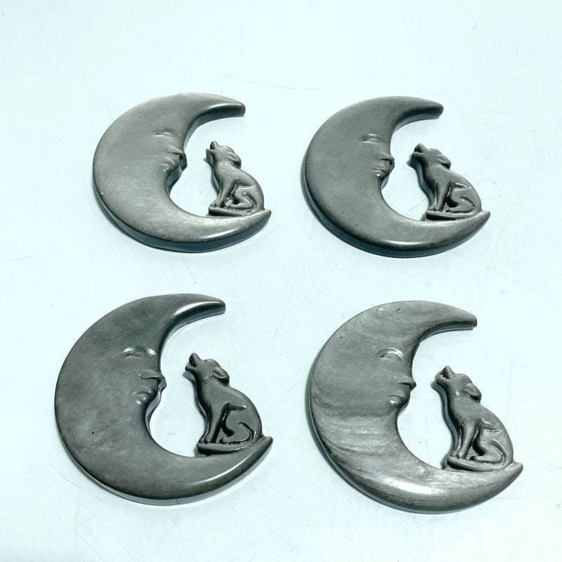 Silver Sheen Obsidian Moon Face Wolf Carving Wholesale - Wholesale Crystals