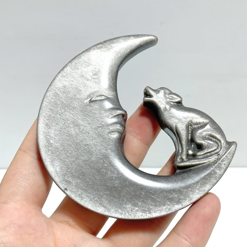 Silver Sheen Obsidian Moon Face Wolf Carving Wholesale - Wholesale Crystals