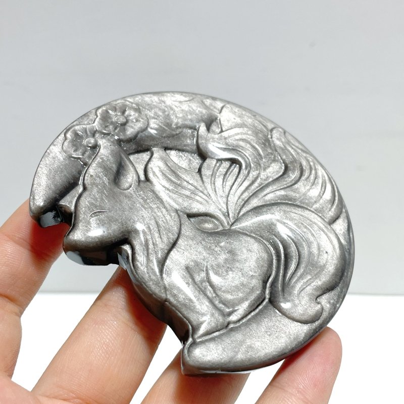 Silver Sheen Obsidian Nine - tailed Fox Moon Carving Wholesale - Wholesale Crystals
