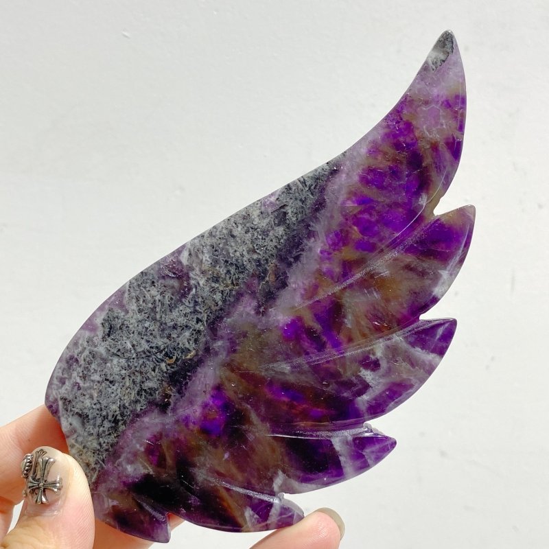 Unique Chevron Amethyst Heart Wing Carving With Stand -Wholesale Crystals