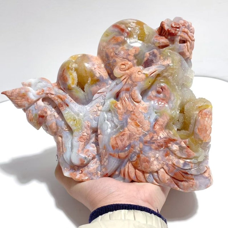 Unique Geode Druzy Pink Agate Chinese Dragon&Phoenix Carving - Wholesale Crystals