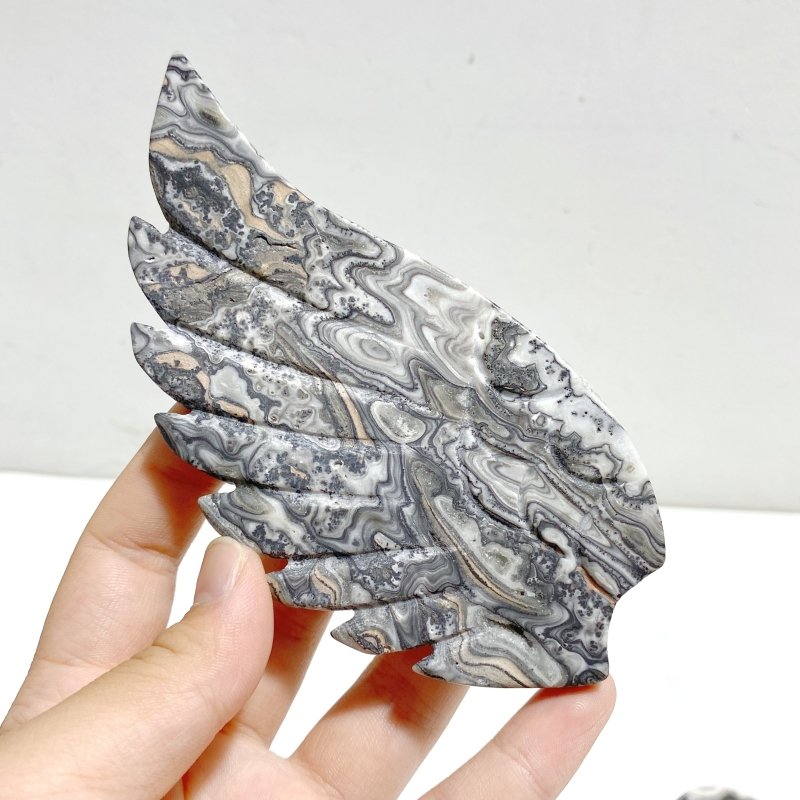 Unique Gray Lace Agate Heart Wing Carving With Stand - Wholesale Crystals