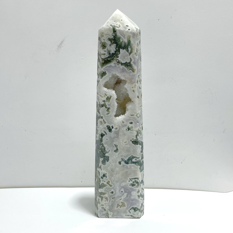 Unique Large Geode Druzy White Moss Agate Point A02 - Wholesale Crystals