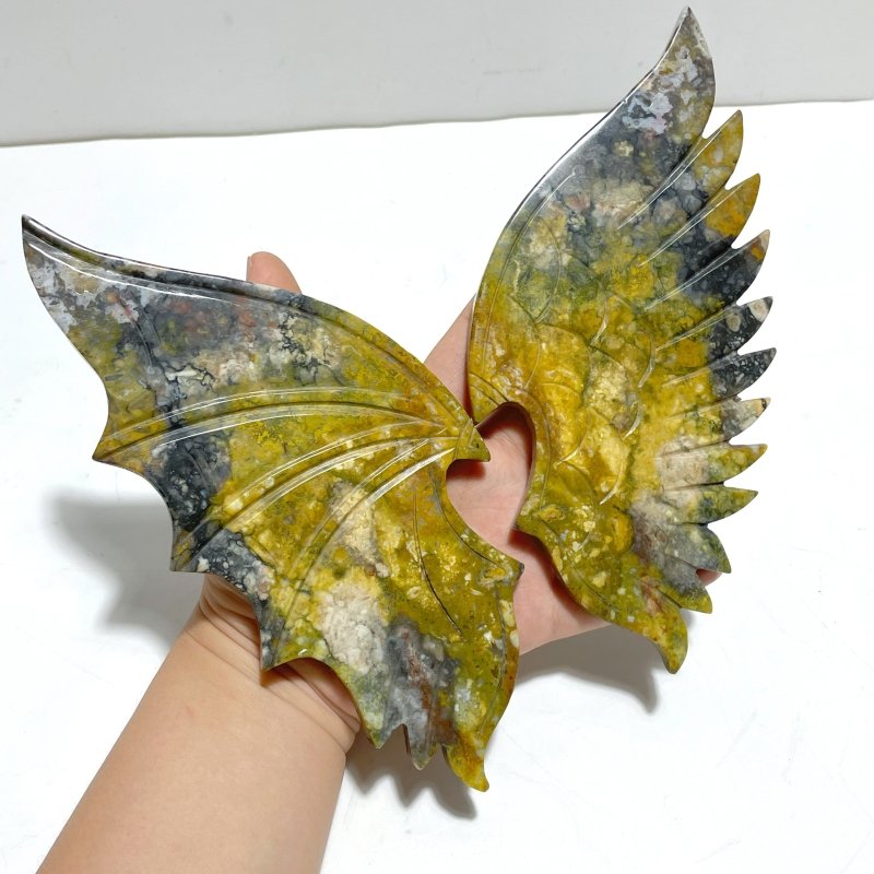 Unique Ocean Jasper Demon Angel Wing Carving With Stand - Wholesale Crystals