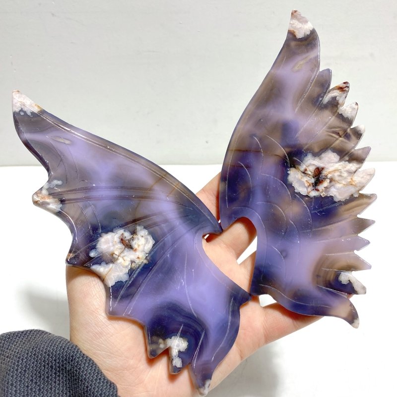 Unique Purple Sakura Flower Agate Demon and Angel Wing Carving With Stand - Wholesale Crystals