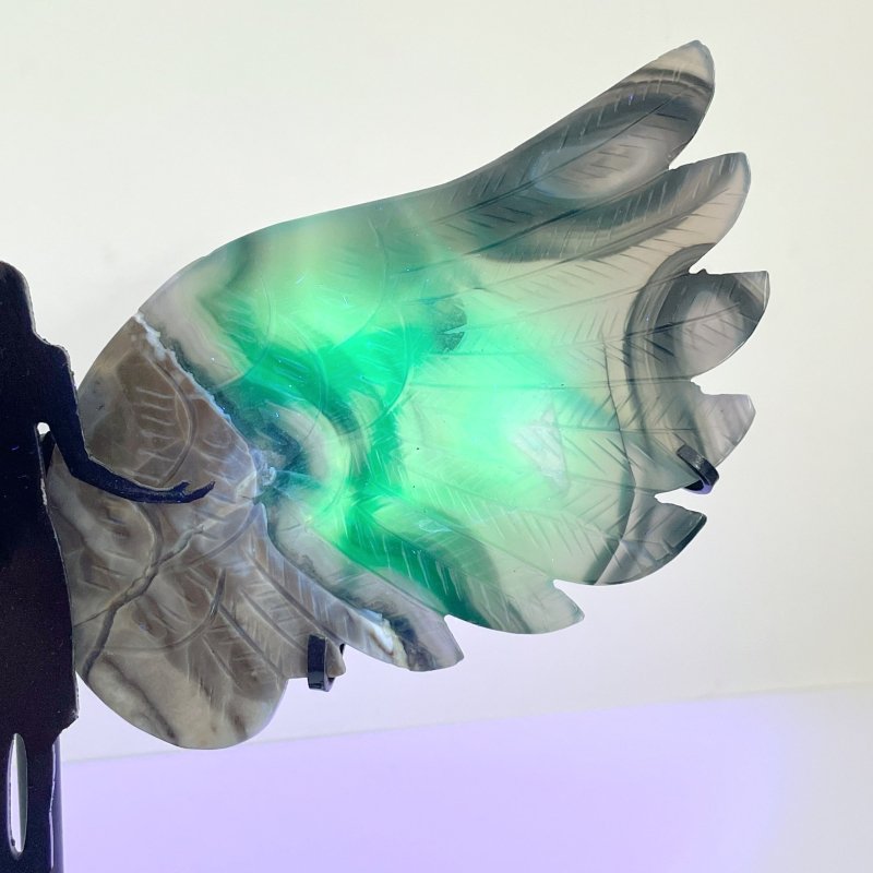 Volcano Agate Angel Wing Carving With Stand (UV Reactive) - Wholesale Crystals