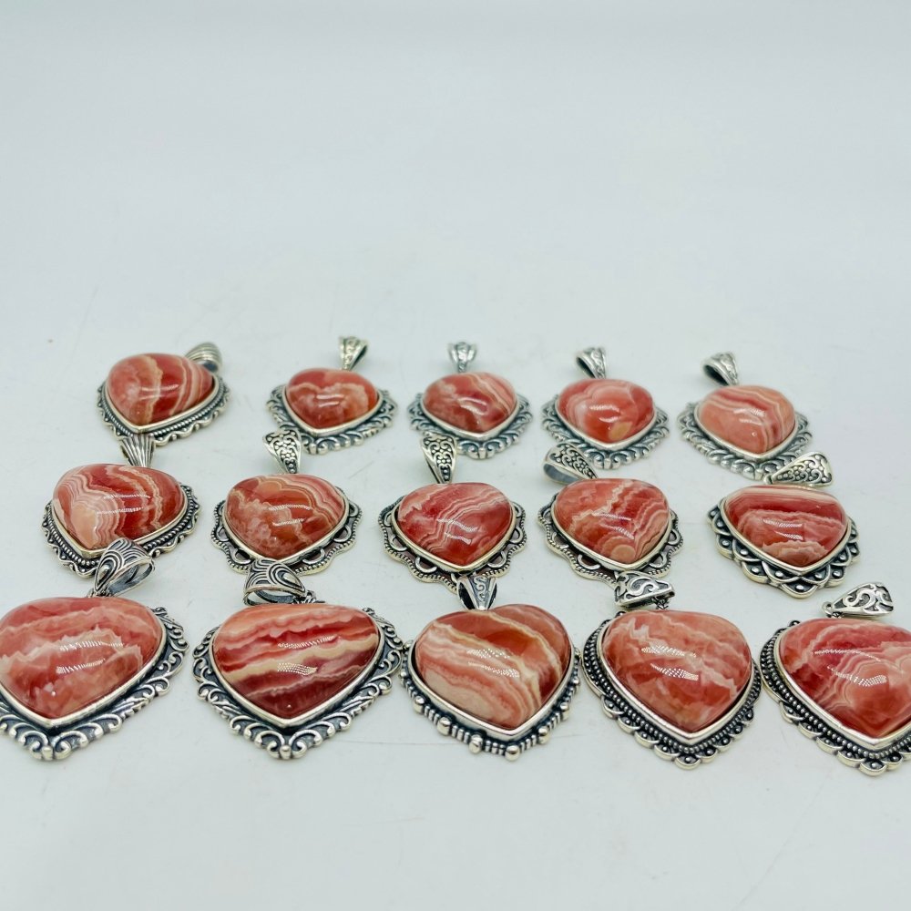 15 Pieces Sterling Silver Heart Rhodochrosite Different Styles Beautiful Pendant -Wholesale Crystals
