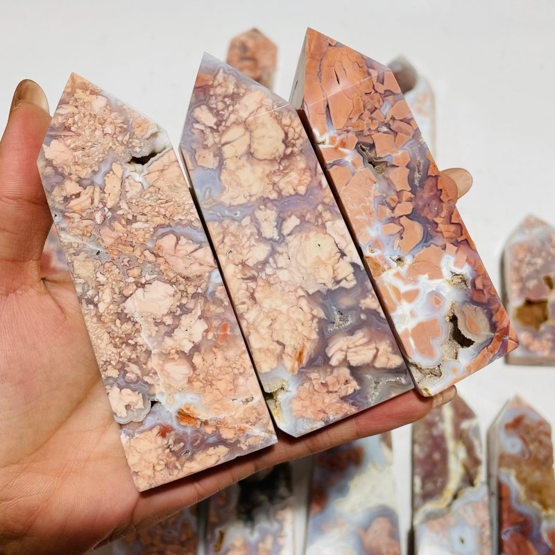 17 Pieces High Quality Pink Flower Agate Druzy Geode Four-sided Tower -Wholesale Crystals