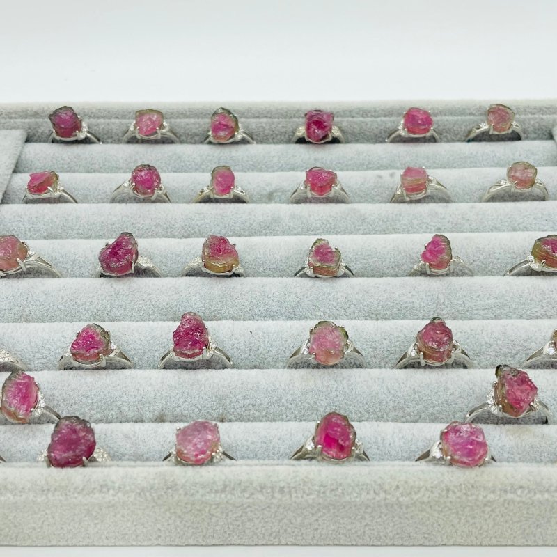 32 Pieces S925 Raw Watermelon Tourmaline Different Styles Ring -Wholesale Crystals