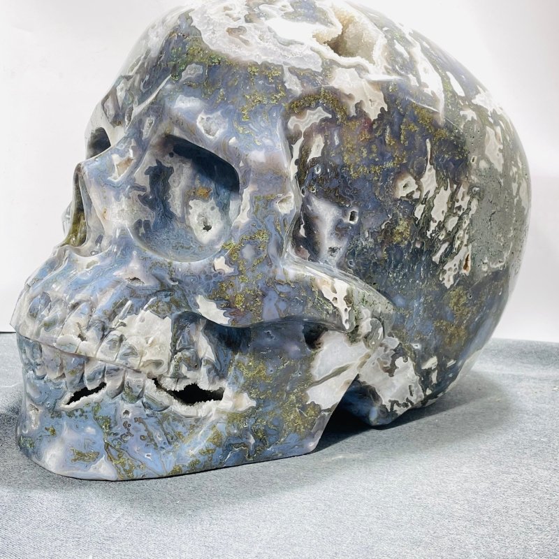 45.8kg Large Geode Druzy Moss Agate Skull Carving - Wholesale Crystals