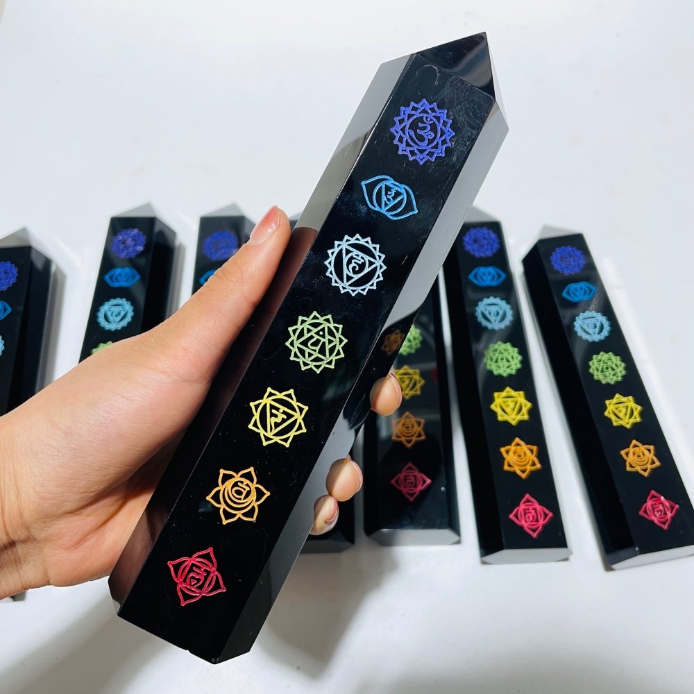 8 Pieces Large 7 Chakras Black Obsidian Tower -Wholesale Crystals
