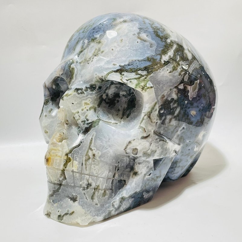 Large Geode Moss Agate Skull Carving -Wholesale Crystals