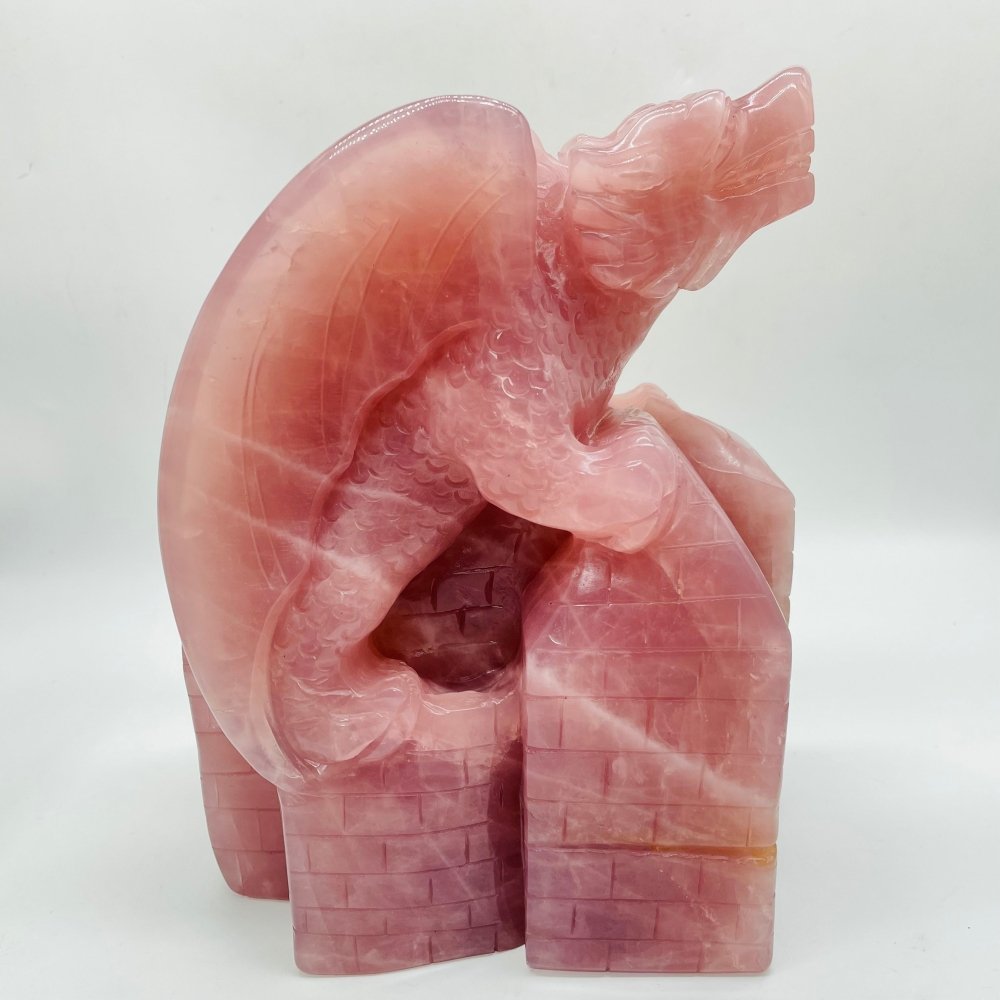 Large Unique Madagascar Rose Quartz Dragon With Castle Carving -Wholesale Crystals