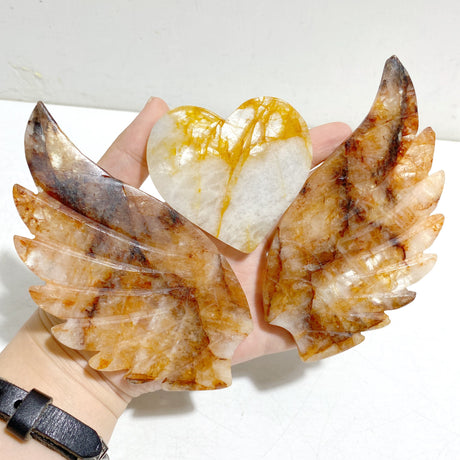Unique Golden Hematoid Quartz Fire Quartz Heart Wing Carving With Stand