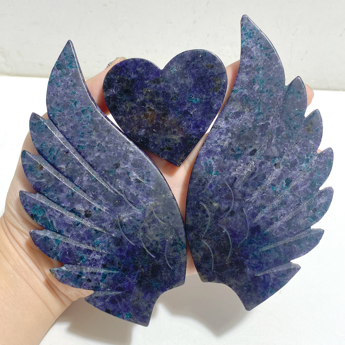 Unique Fluorite Mixed Blue Apatite Heart Wing Carving With Stand