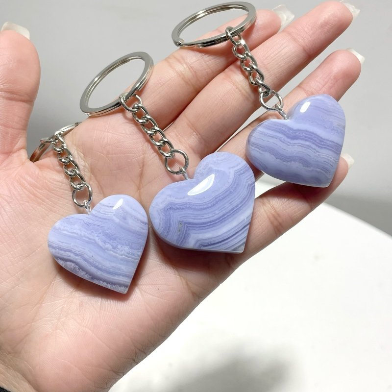 10 Pieces Blue Lace Agate Heart Keychain - Wholesale Crystals