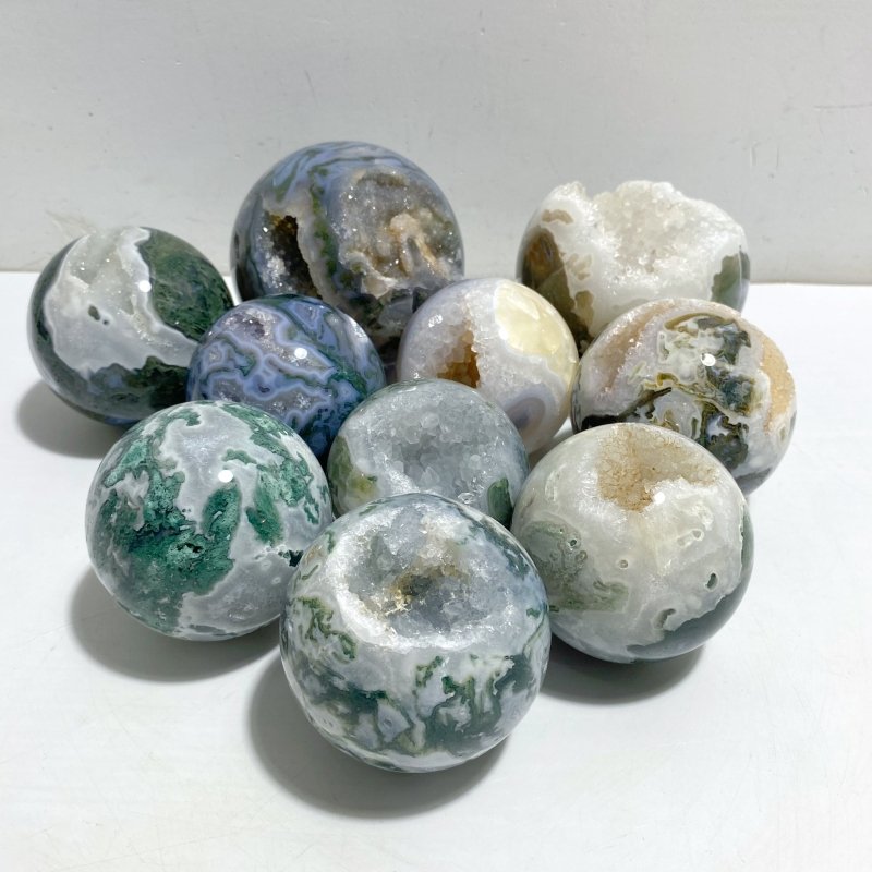 10 Pieces Large Geode Druzy Moss Agate Spheres -Wholesale Crystals