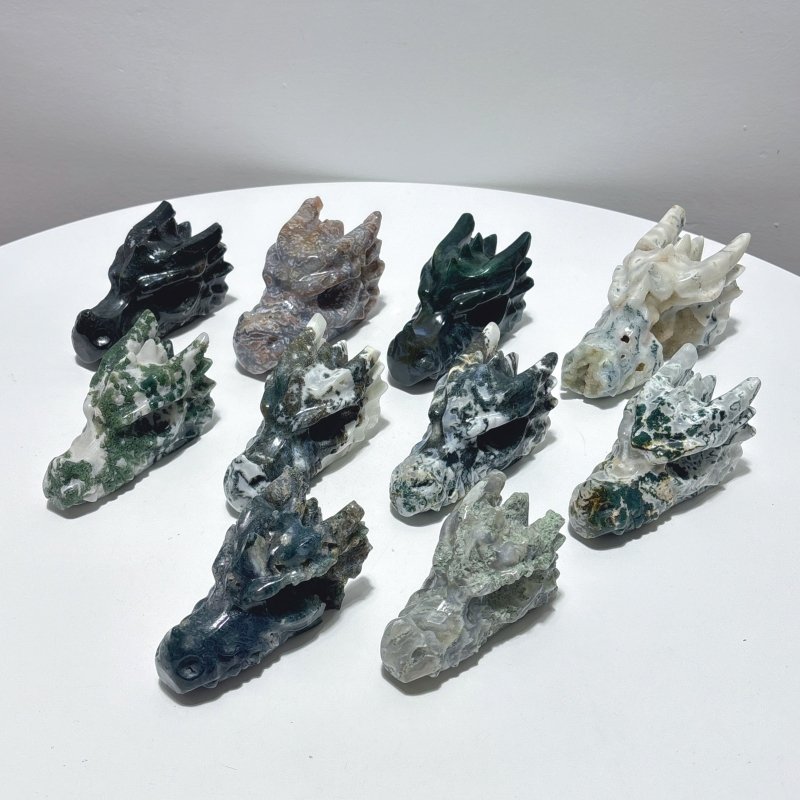 10 Pieces Moss Agate Dragon Head Carving - Wholesale Crystals