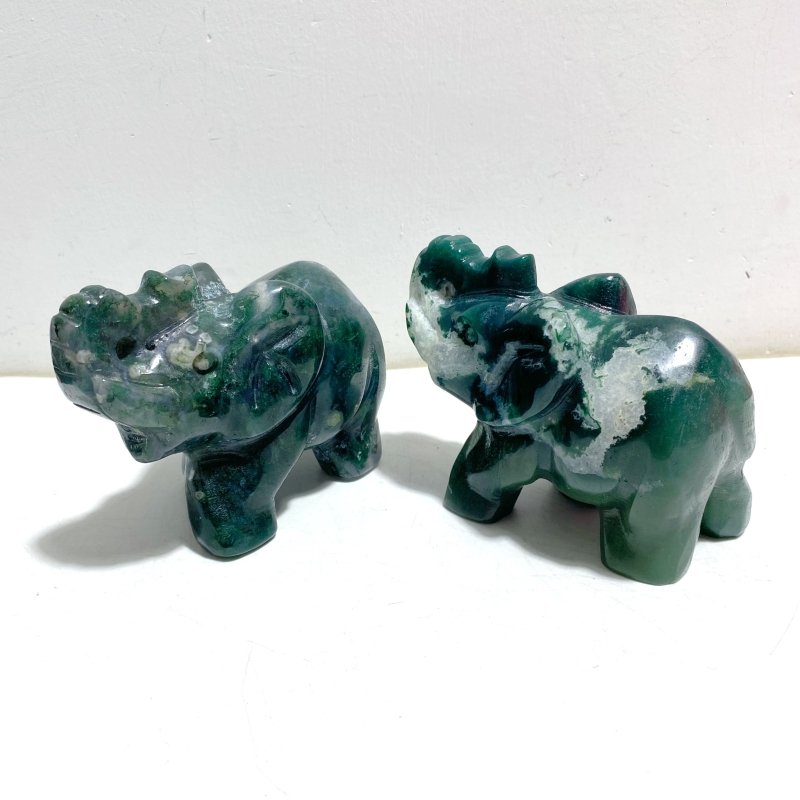 11 Pieces Moss Agate Elephant Carving - Wholesale Crystals