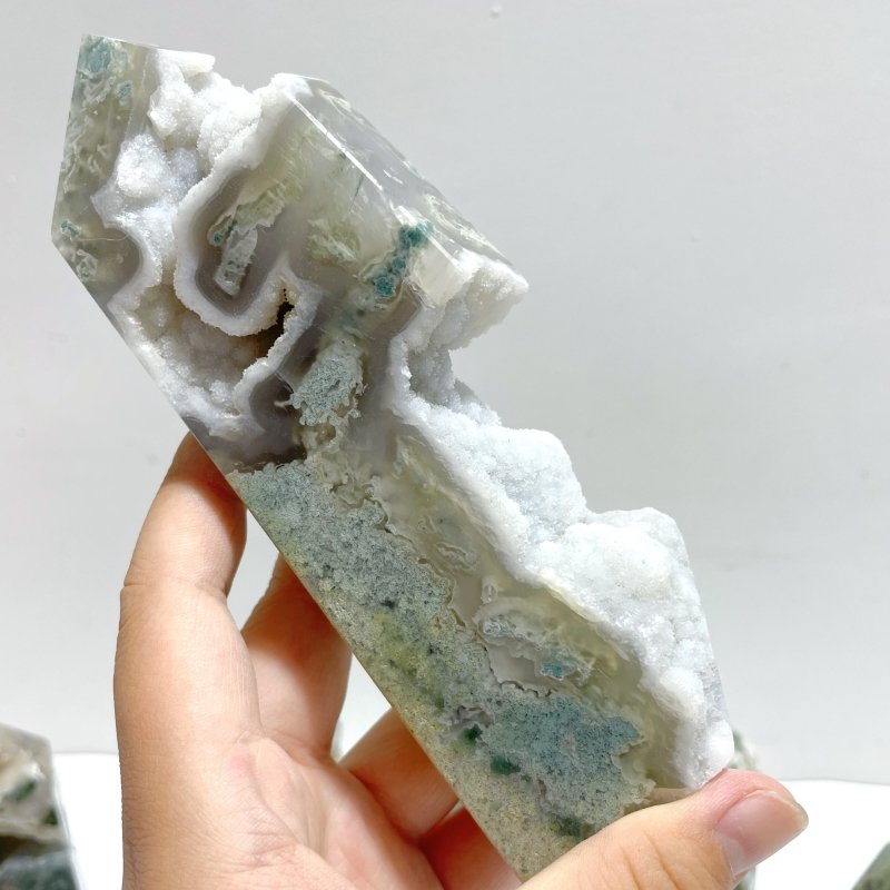 14 Pieces White Geode Druzy Moss Agate Tower Point - Wholesale Crystals