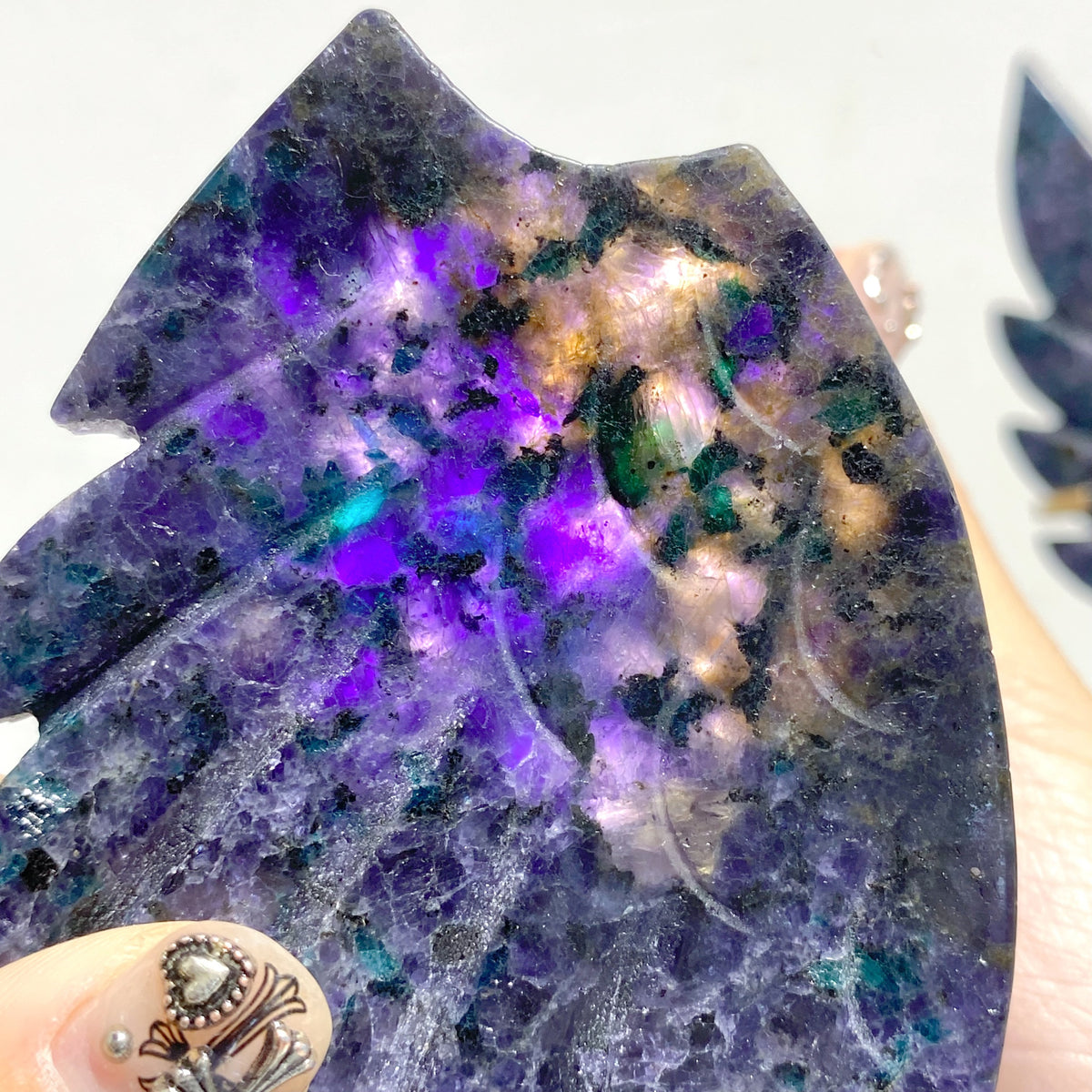 Unique Fluorite Mixed Blue Apatite Heart Wing Carving With Stand