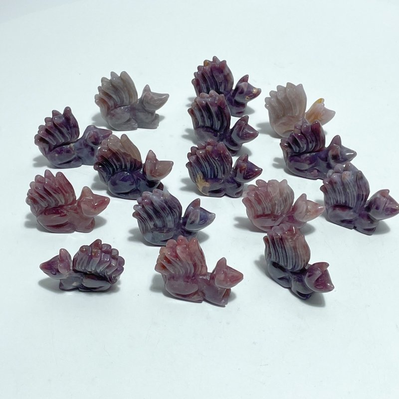 15 Pieces Purple Rose Quartz Nine - Tailed Fox Carving - Wholesale Crystals