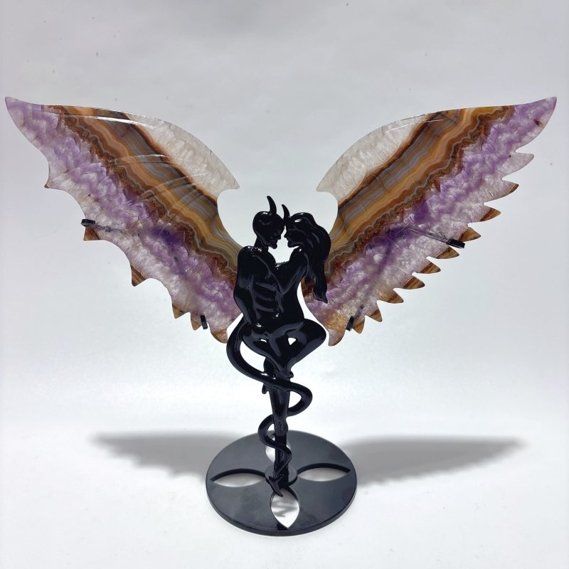 2 Pairs Amethyst Mixed Agate Demon And Angel Symmetry Wing Carving With Stand -Wholesale Crystals