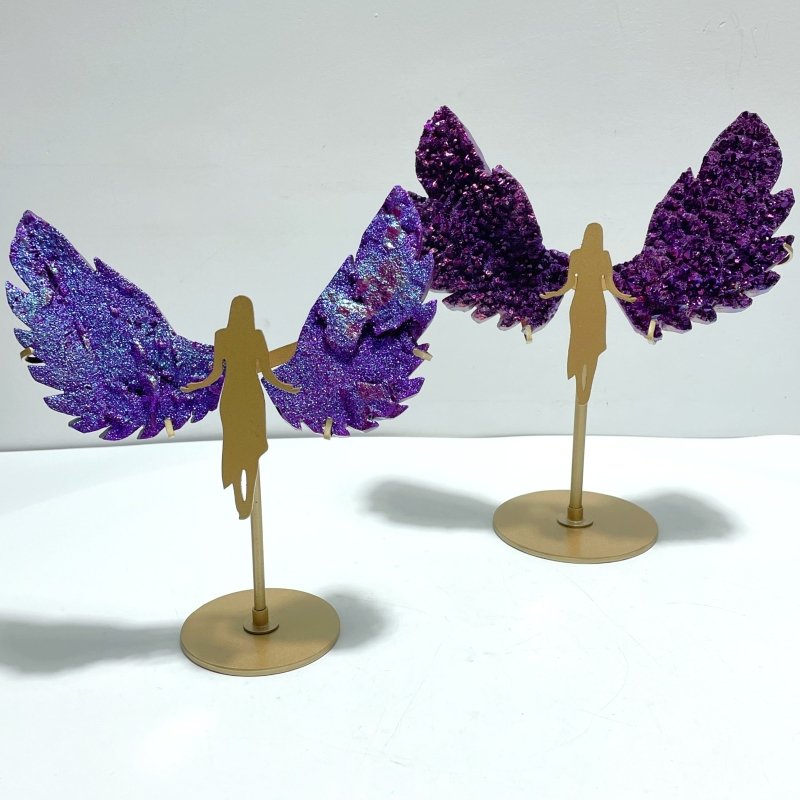 2 Pairs Aura Quartz Cluster Angel Wing Carving With Stand - Wholesale Crystals