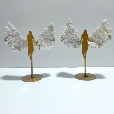2 Pairs Beautiful Aura Quartz Cluster Angel Wing Carving With Stand - Wholesale Crystals