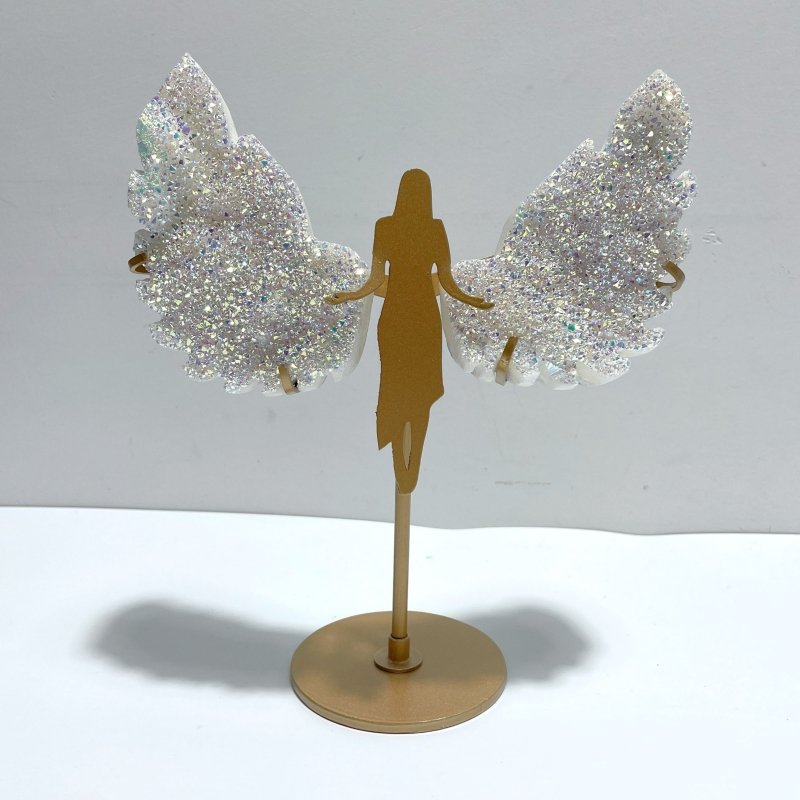 2 Pairs Beautiful Aura Quartz Cluster Angel Wing Carving With Stand - Wholesale Crystals