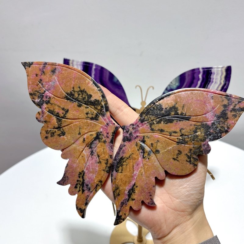 2 Pairs Butterfly Wing Carving With Stand Rhodonite Fluorite - Wholesale Crystals