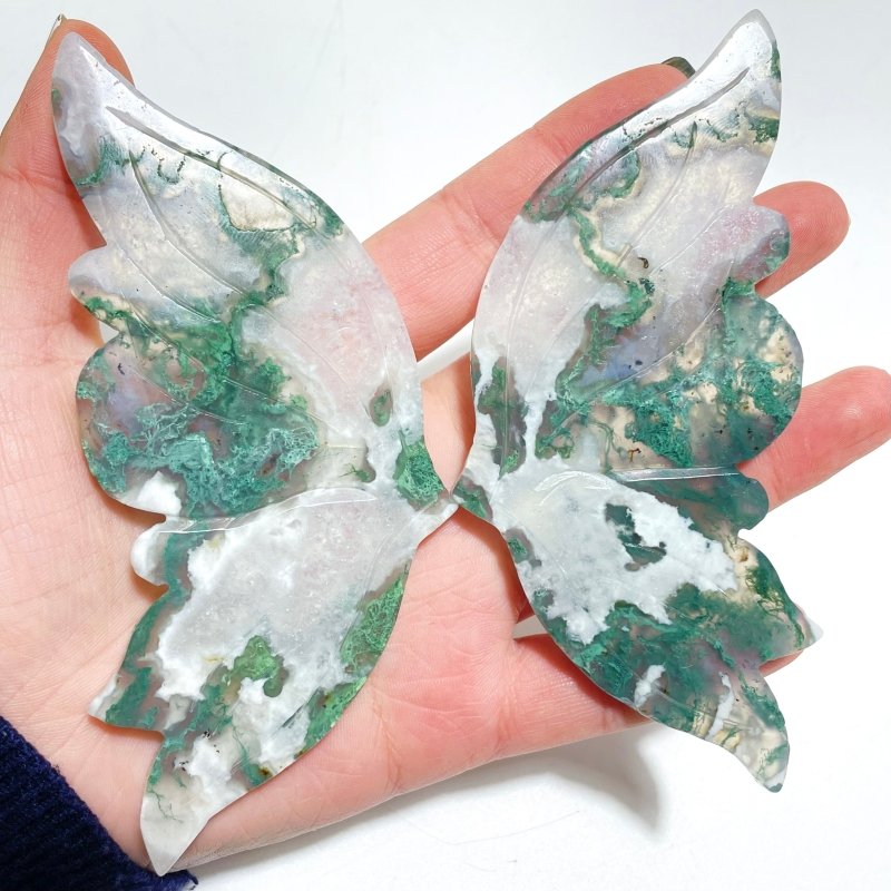 2 Pairs Butterfly Wing Carving With Stand Sakura Flower Agate Moss Agate - Wholesale Crystals