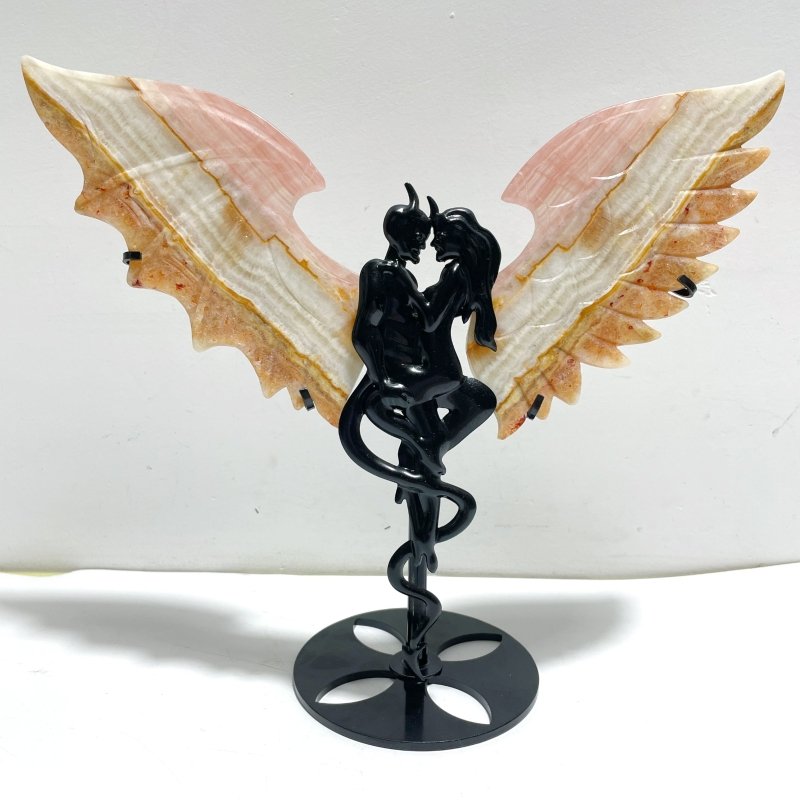 2 Pairs Demon And Angel Wing Carving With Stand Africa Blood Stone Pink Afghanistan Jade - Wholesale Crystals