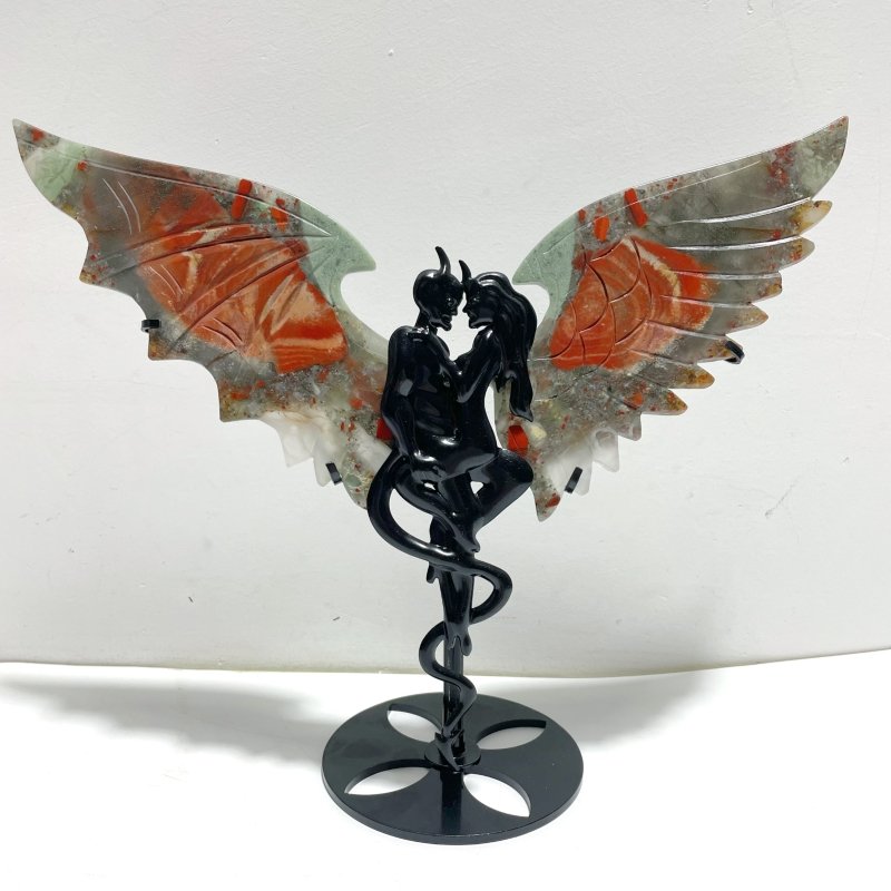 2 Pairs Demon And Angel Wing Carving With Stand Africa Blood Stone Pink Afghanistan Jade - Wholesale Crystals