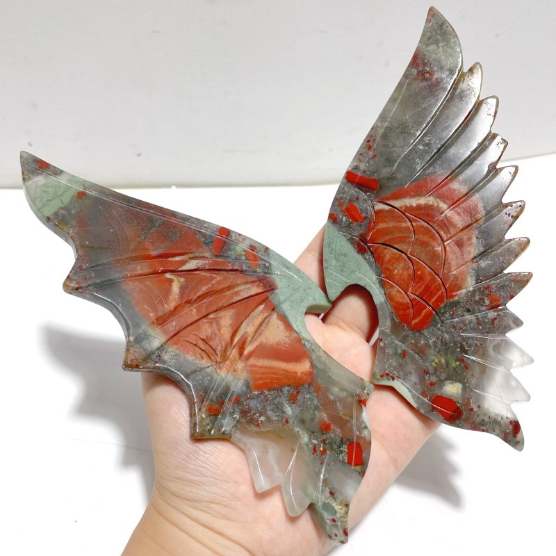 2 Pairs Demon And Angel Wing Carving With Stand Africa Blood Stone Pink Afghanistan Jade - Wholesale Crystals