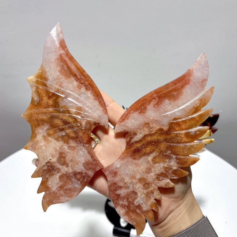 2 Pairs Demon And Angel Wing Carving With Stand Pink Flower Agate Mookaite - Wholesale Crystals