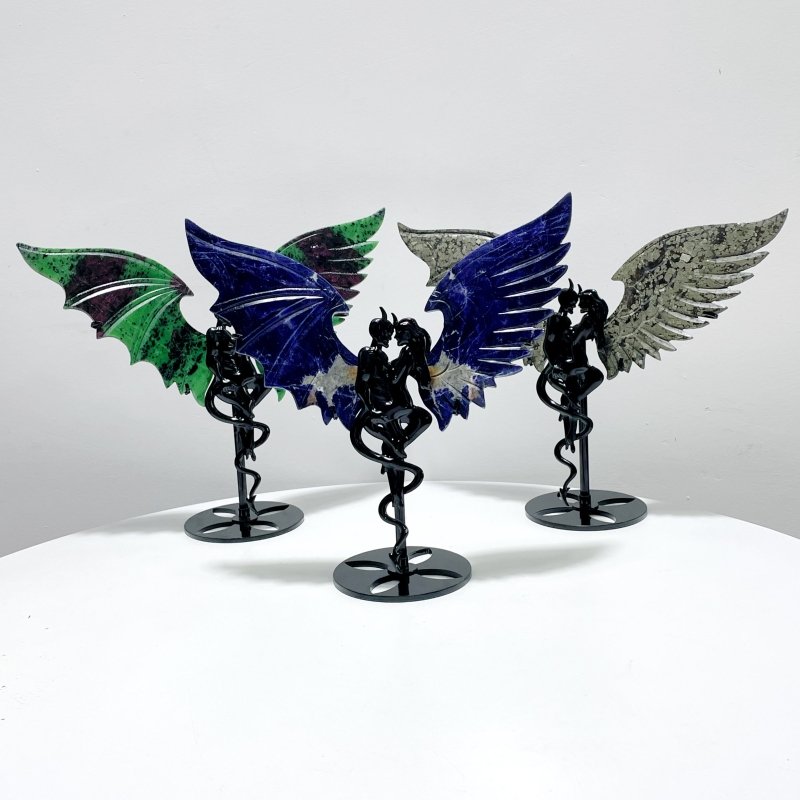 2 Pairs Demon And Angel Wing Carving With Stand Sodalite Pyrite Ruby Zoisite - Wholesale Crystals