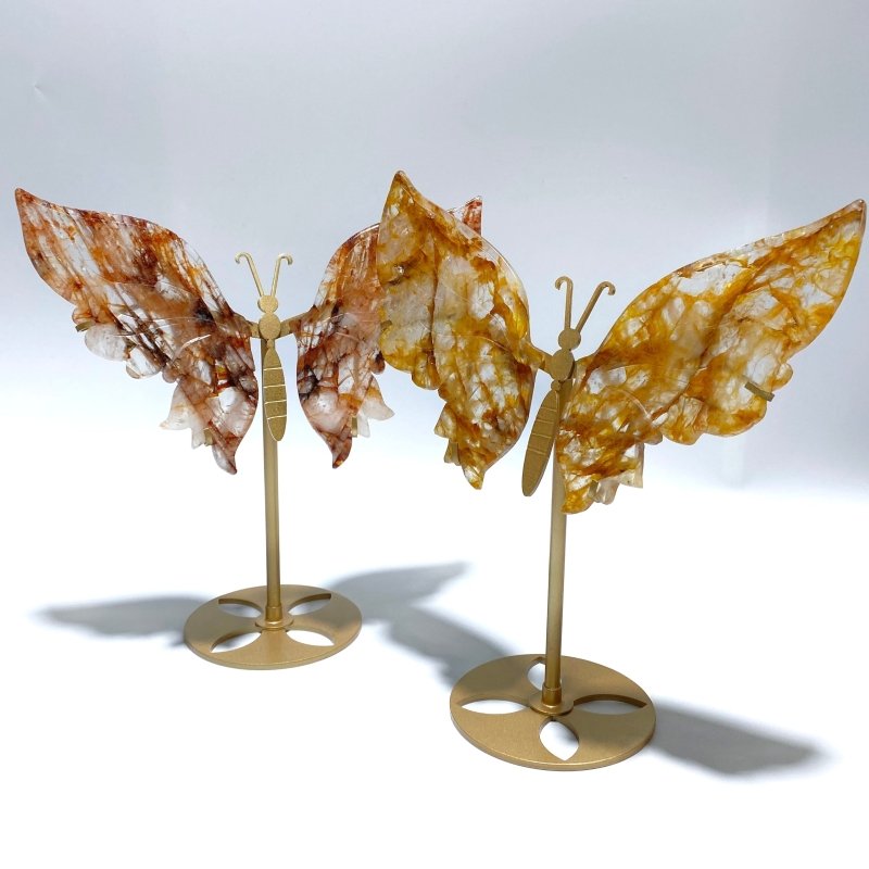 2 Pairs Fire Quartz Butterfly Wing Carving With Stand - Wholesale Crystals