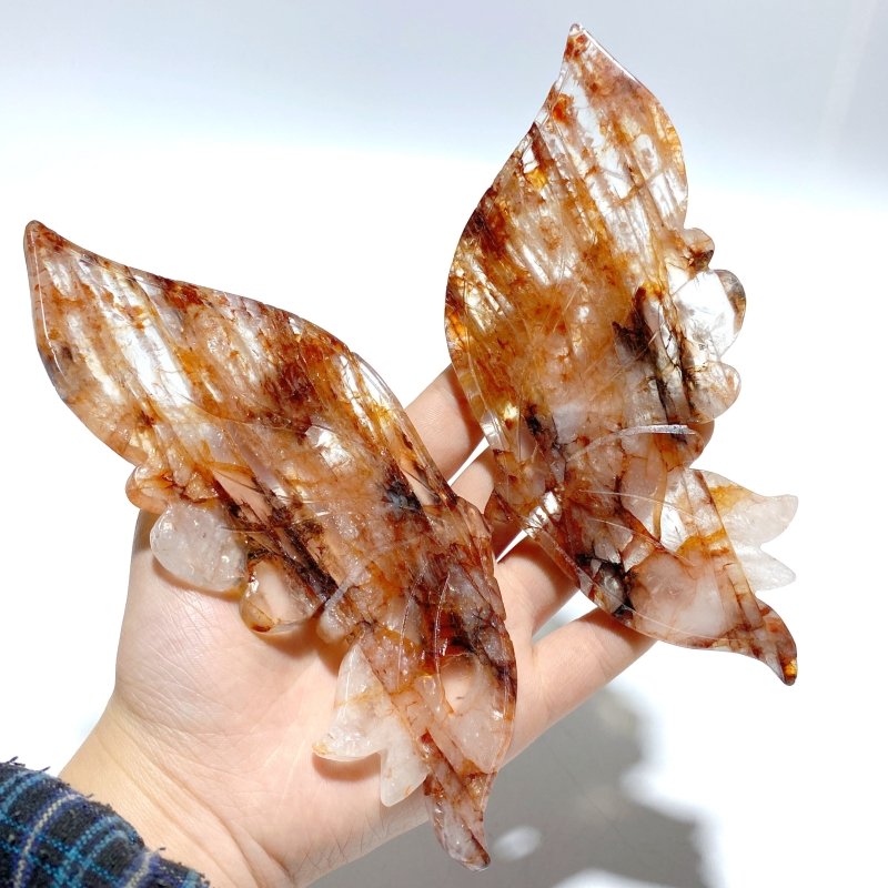 2 Pairs Fire Quartz Butterfly Wing Carving With Stand - Wholesale Crystals