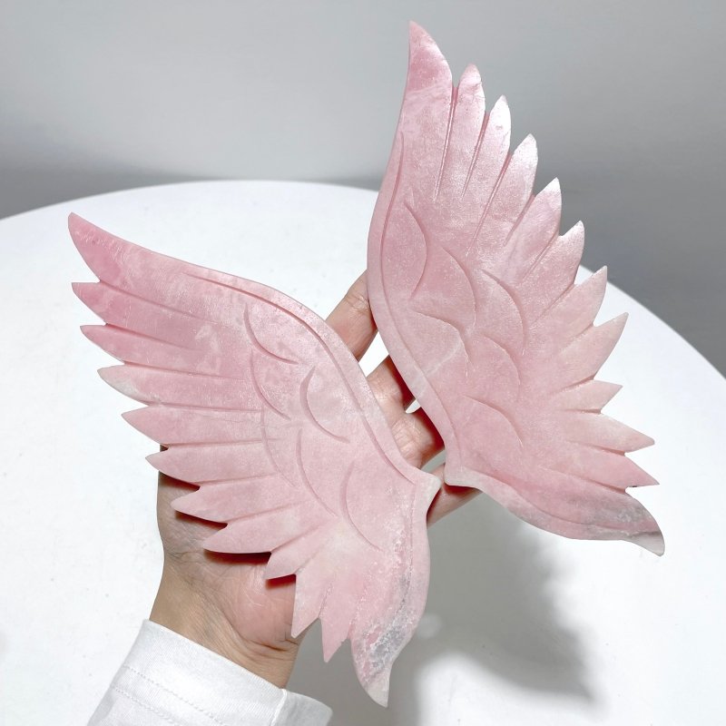 2 Pairs Fire Quartz Pink Opal Angel Wing Carving With Stand - Wholesale Crystals