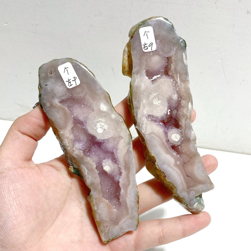 2 Pairs Geode Druzy Pink Amethyst Slab Butterfly Wing Carving With Stand #4 -Wholesale Crystals