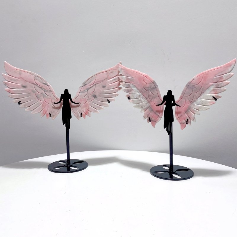 2 Pairs Pink Opal Angel Wing Carving With Stand - Wholesale Crystals