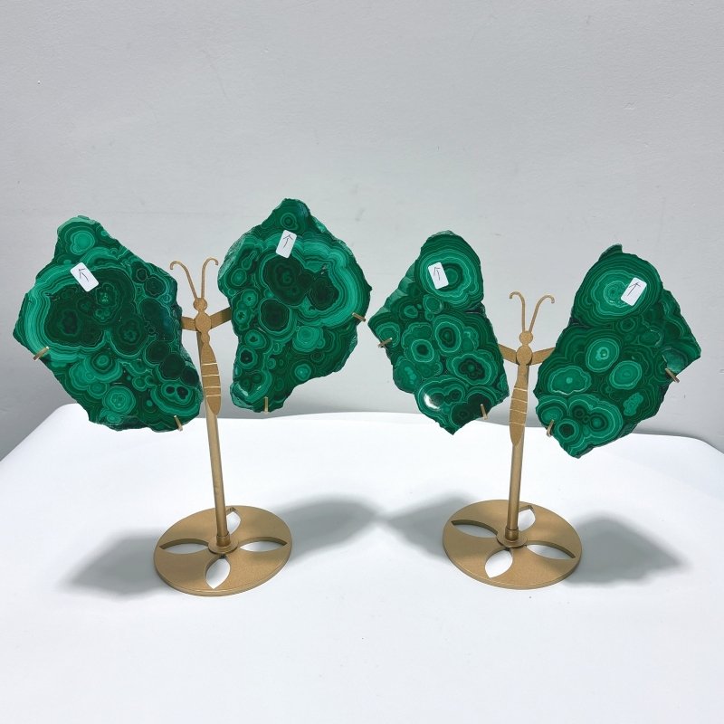 2 Pairs Polished Malachite Raw Slab Butterfly Wing Crystal Carving With Stand (#1) - Wholesale Crystals