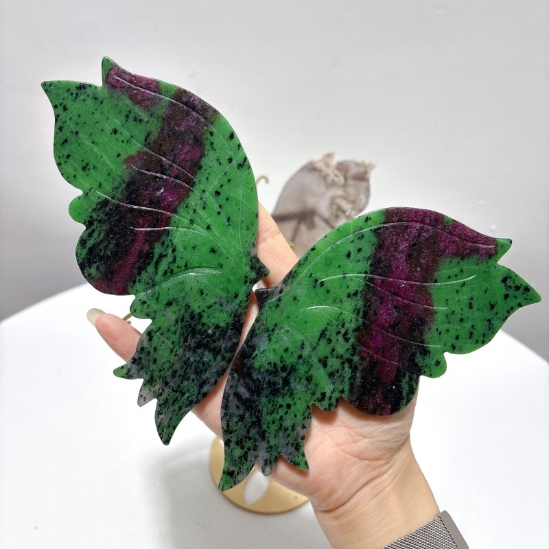 2 Pairs Ruby Zoisite&Black Sakura Agate Symmetry Butterfly Wing With Stand - Wholesale Crystals