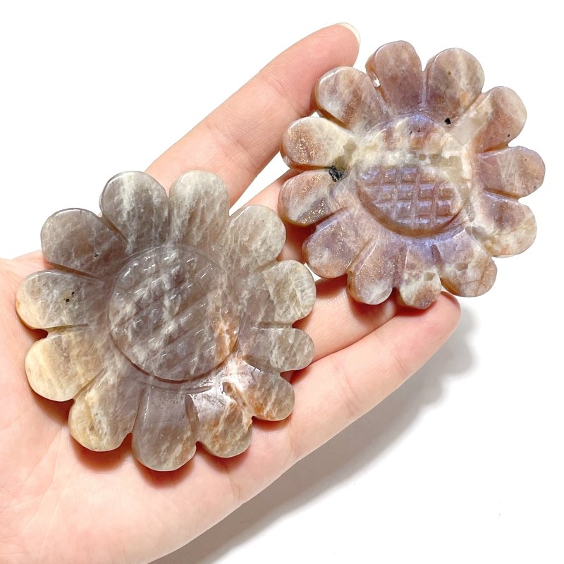 2 Pairs Sunstone Mixed Moonstone Sunflower Carving With Stand - Wholesale Crystals
